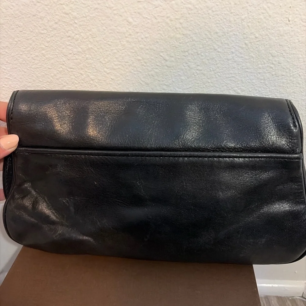 Tory Burch Black Leather Reva Clutch Crossbody Gold Logo
